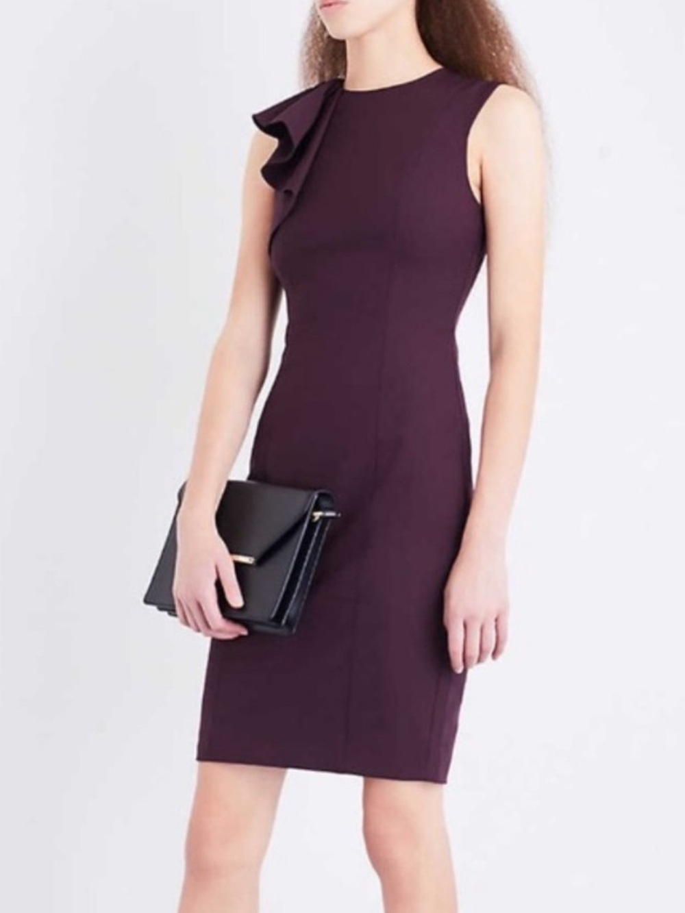 Ted Baker Suriad Frill Shoulder Sheath Pencil Dress Maroon Plum Purple TB 1 US 4